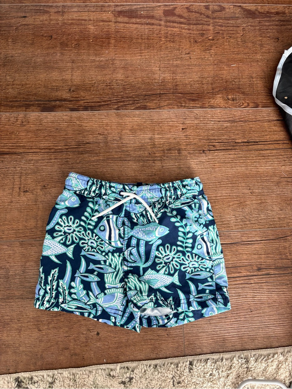 Janie and Jack Navy Blue and Aqua Fish Print Swim Trunks